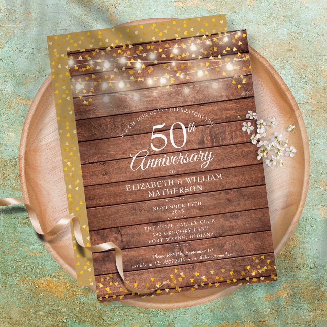 50th Anniversary Golden Hearts String Lights Wood Invitation (Creator Uploaded)