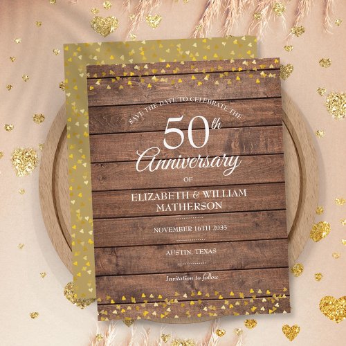 50th Anniversary Golden Hearts Wood Save the Date  Announcement Postcard