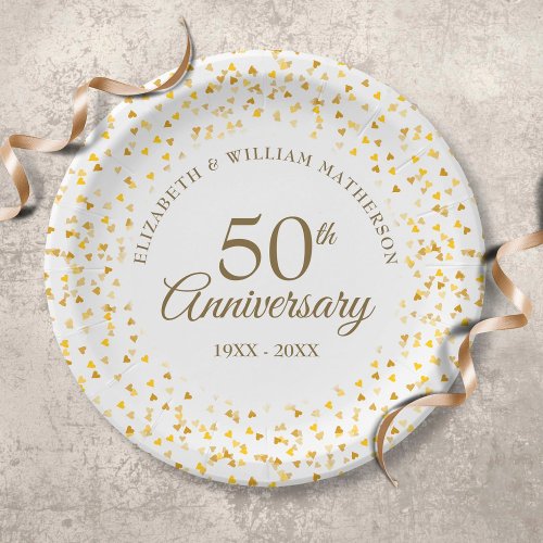 50th Anniversary Golden Love Hearts Confetti Paper Plates