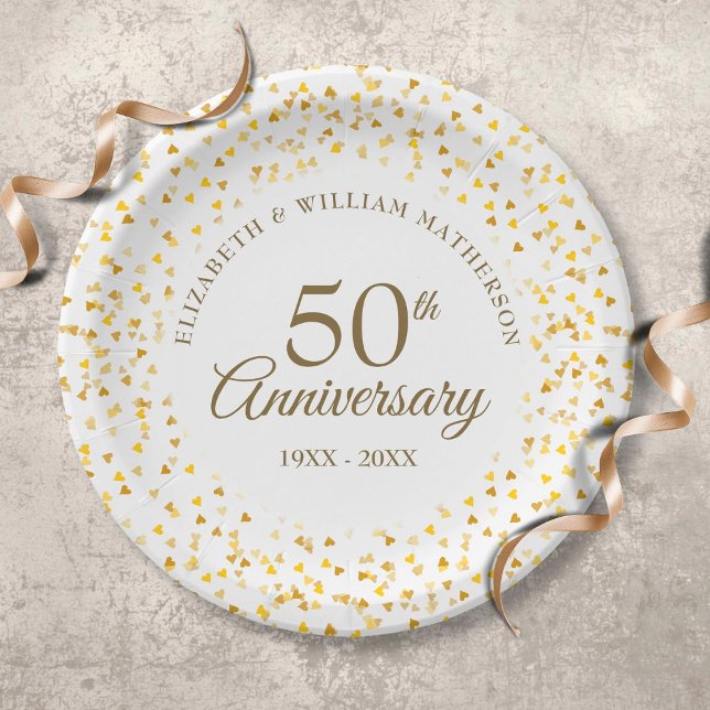 50th Anniversary Golden Love Hearts Confetti Paper Plates (Creator Uploaded)