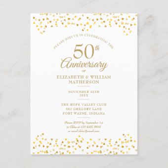 50th Anniversary Golden Love Hearts Invitation Postcard | Zazzle