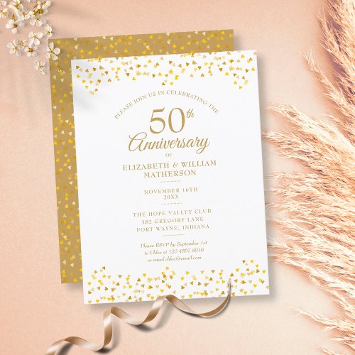 50th Anniversary Golden Love Hearts Invitation Postcard