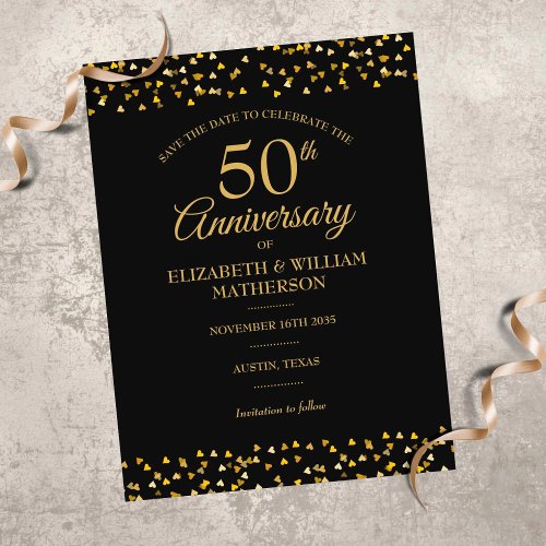 50th Anniversary Golden Love Hearts Save the Date  Postcard