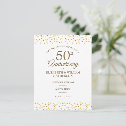 50th Anniversary Golden Love Hearts Save the Date Postcard | Zazzle