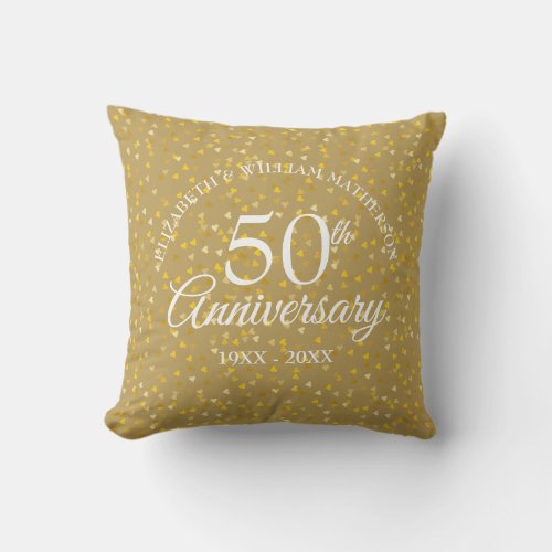 50th Anniversary Golden Love Hearts Wedding Photo Throw Pillow