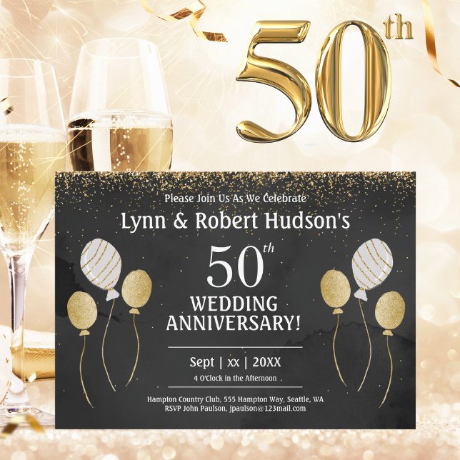 50th Anniversary Golden Wedding Party Invitation (50th Wedding Anniversary, Gold, Black and White Invitation)