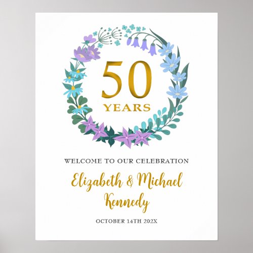 50th Anniversary Golden Welcome Floral Wreath Sign