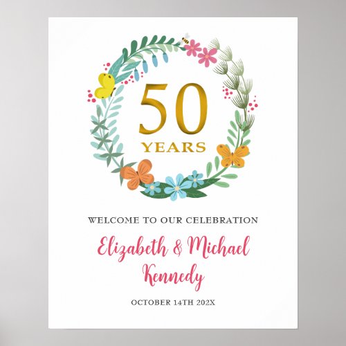 50th Anniversary Golden Welcome Floral Wreath Sign