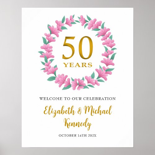 50th Anniversary Golden Welcome Pink Floral Wreath Poster