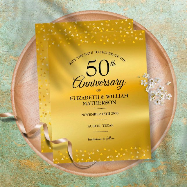 50th Anniversary GoldHearts Foil Save the Date Announcement Postcard (Creator Uploaded)