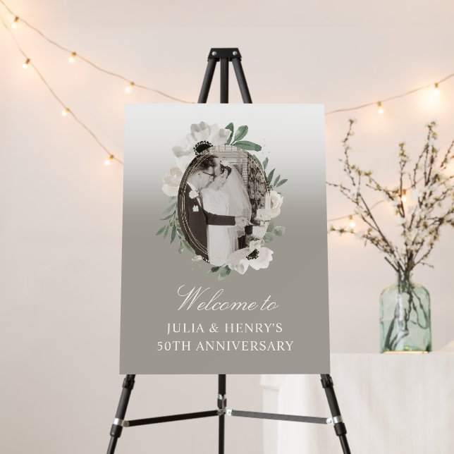 50th Anniversary Green & Gold Floral Welcome Sign (In Situ (Stand))