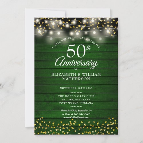 50th Anniversary Green Rustic Wood Gold Hearts Invitation