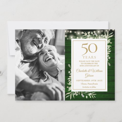 50th Anniversary Green Wood Floral Lights Photo Save The Date