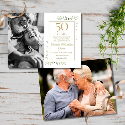 50th Anniversary Greenery 2 Photos Save The Date Announcement Postcard