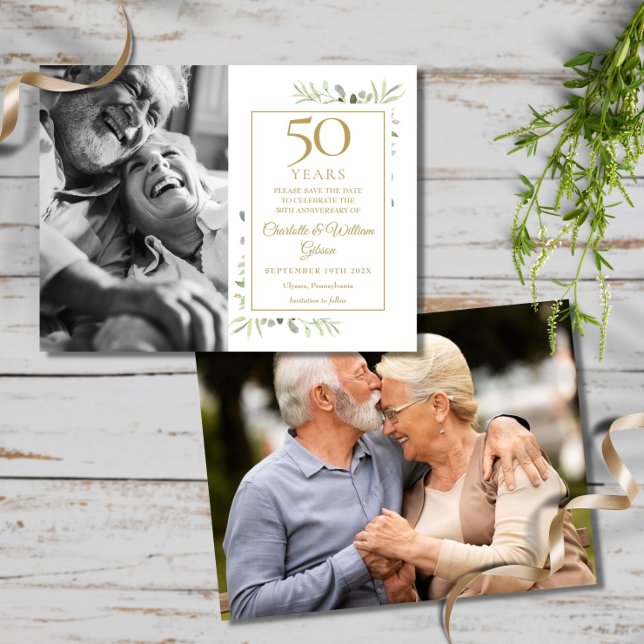 50th Anniversary Greenery 2 Photos Save The Date Announcement Postcard