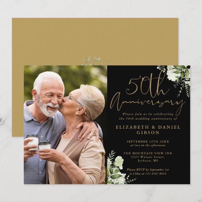 50th Anniversary Greenery Black And Gold Photo Invitation (Front/Back)