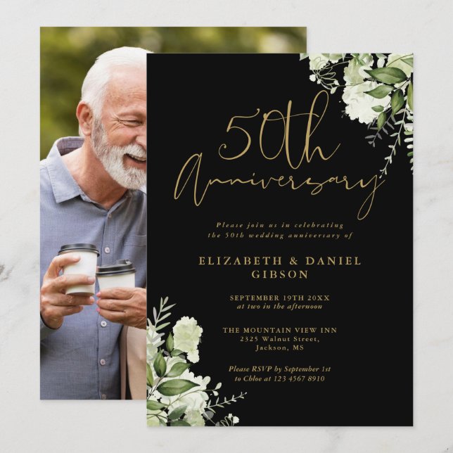 50th Anniversary Greenery Black And Gold Photo Invitation (Front/Back)