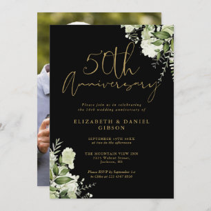 50th Anniversary Greenery Black And Gold Photo Invitation