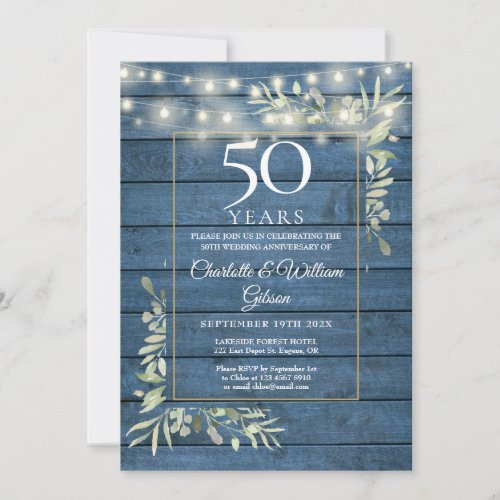 50th Anniversary Greenery String Lights Blue Wood  Invitation