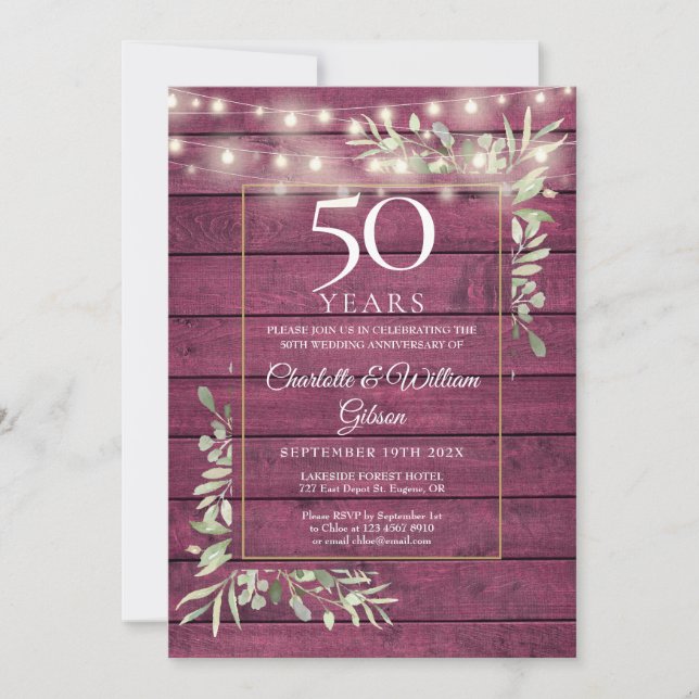 50th Anniversary Greenery String Lights Red Wood  Invitation (Front)