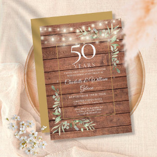50th Anniversary Greenery String Lights Wood Invitation