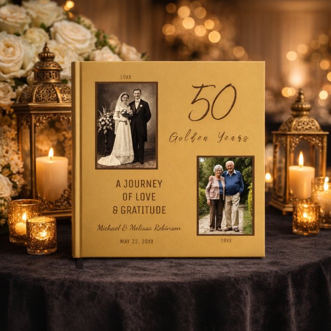 50th Anniversary Guest Book – Gold (Front cover of 12 x 12 anniversary guest book styled with candlelight.)