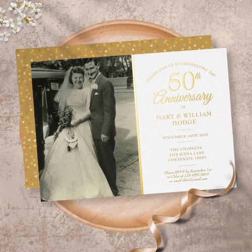 50th Anniversary Heart Confetti Wedding Photo Gold Foil Invitation