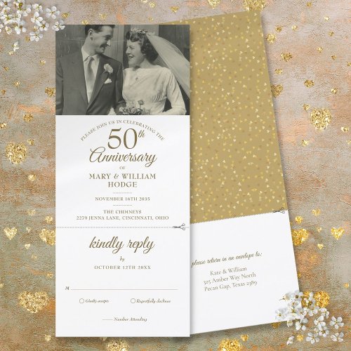 50th Anniversary Heart Confetti Wedding Photo RSVP Invitation