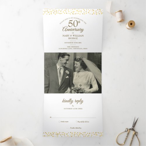 50th Anniversary Heart Confetti Wedding Photo Tri_Fold Invitation