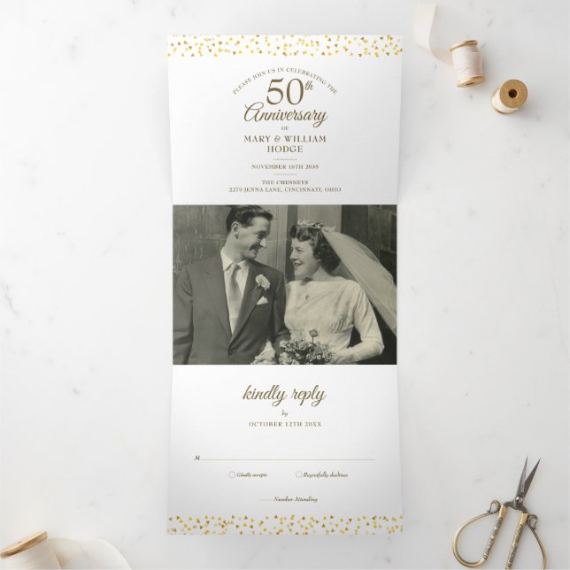 50th Anniversary Heart Confetti Wedding Photo Tri-Fold Invitation (Inside)