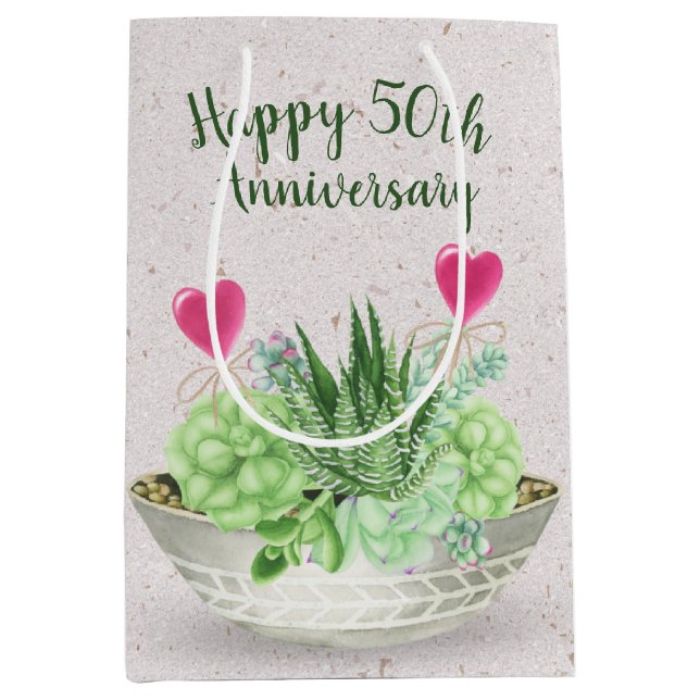 50th Anniversary Hearts in Succulents   Medium Gift Bag (Front)