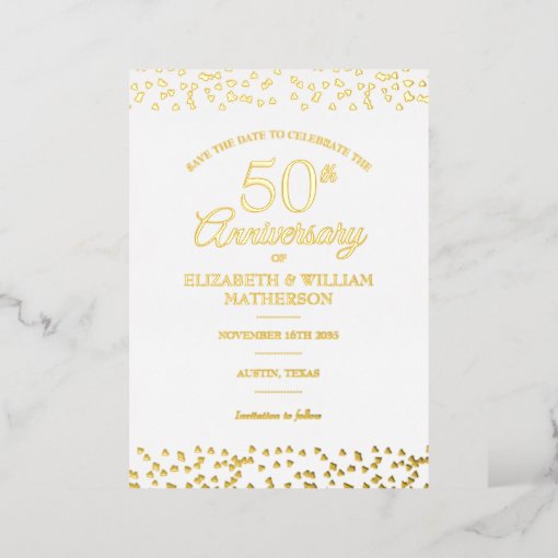 50th Anniversary Hearts Save the Date Gold Foil Invitation | Zazzle