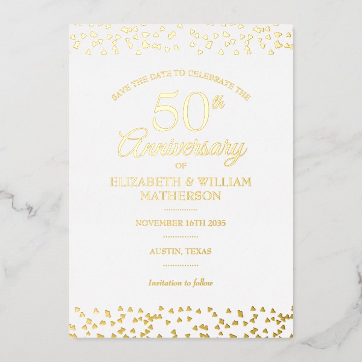 50th Anniversary Hearts Save the Date Gold Foil Invitation | Zazzle