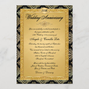 50th Anniversary Invitation Black, Gold Damask