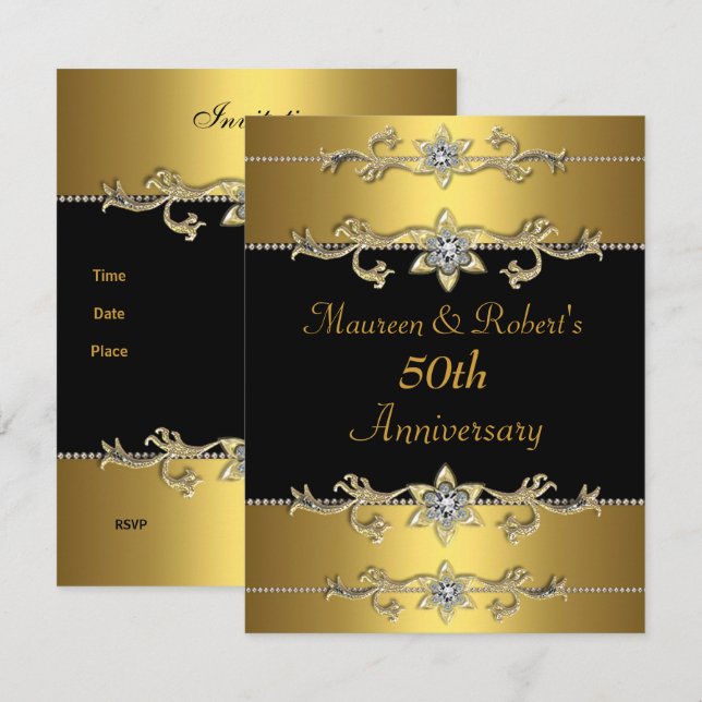 50th Anniversary Invitation Elegant Black Gold 3 (Front/Back)