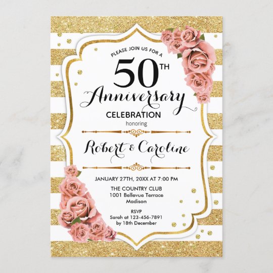 50th Anniversary Invitation - Gold Pink Roses | Zazzle.com