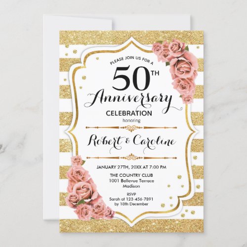 50th Anniversary Invitation _ Gold Pink Roses