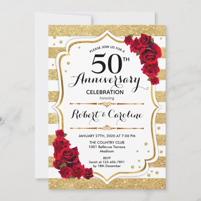 50th Anniversary Invitation - Gold White Red Roses (Front)