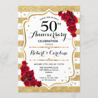 50th Anniversary Invitation - Gold White Red Roses