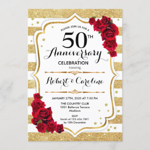 50th Anniversary Invitation - Gold White Red Roses