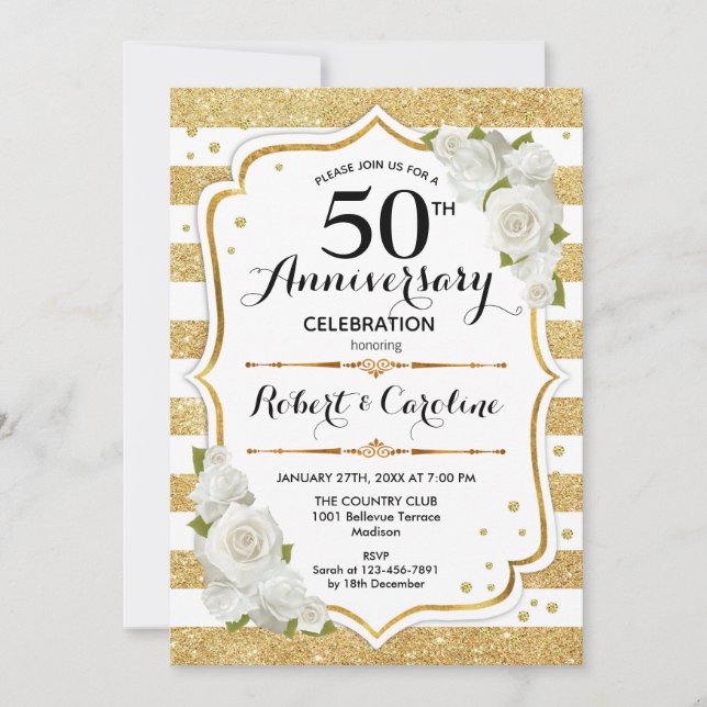 50th Anniversary Invitation - Gold White Roses (Front)
