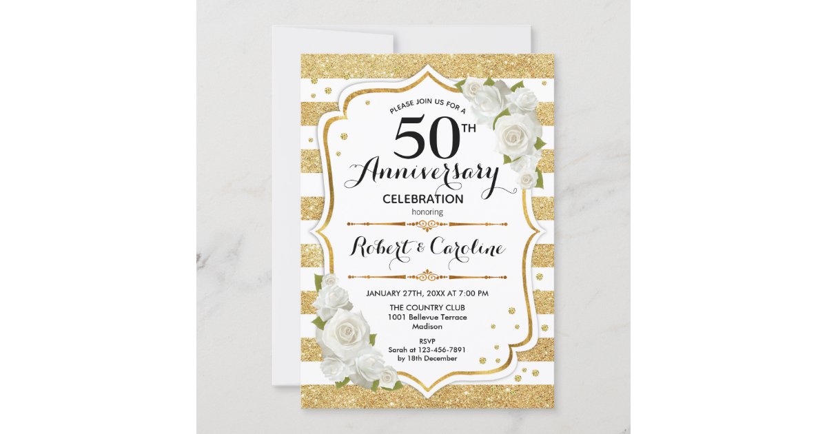 50th Anniversary Invitation - Gold White Roses | Zazzle