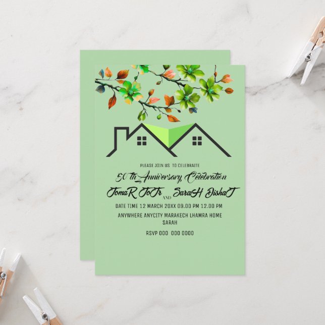 50th Anniversary Invitation, Greenery Wedding Anni Invitation (Front/Back In Situ)
