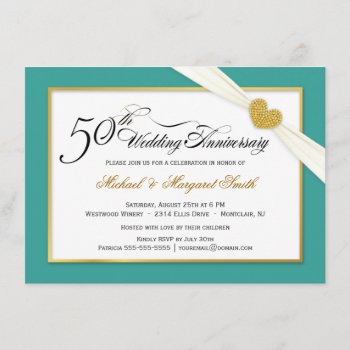 50th Anniversary Invitations - Teal & Gold by SquirrelHugger at Zazzle