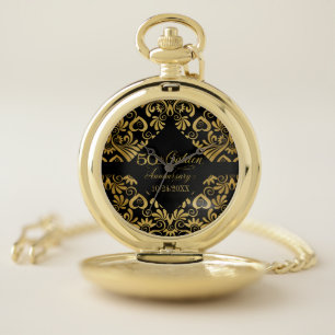 50th Anniversary is Golden Black and Gold Date Pocket Watch