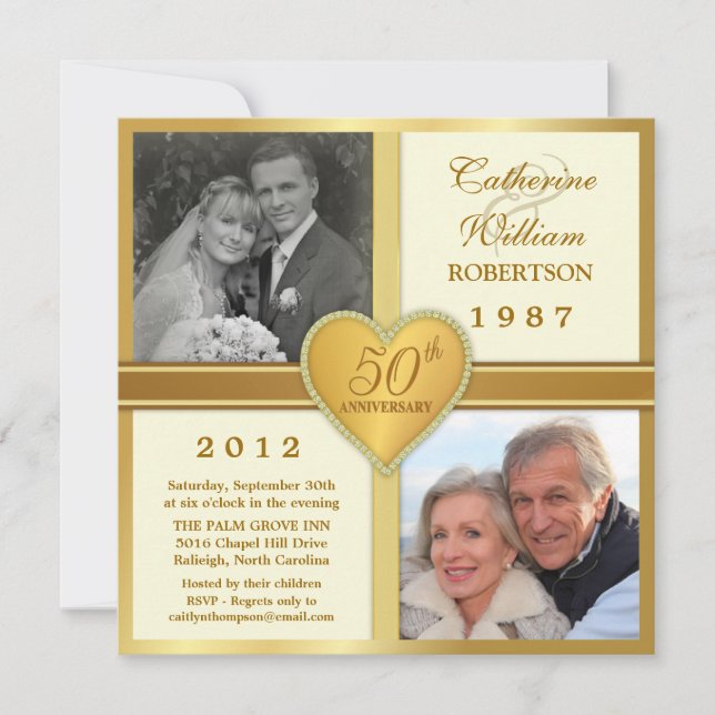 50th Anniversary Ivory Gold Photo Invitations (Front)