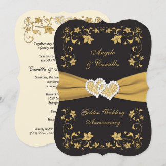 50th Anniversary Joined Hearts, Black Ivory Gold Invitation