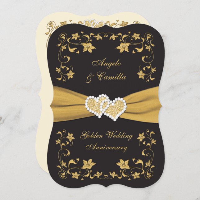 50th Anniversary Joined Hearts, Black Ivory Gold Invitation (Front/Back)