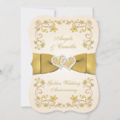 50th Anniversary Joined Hearts, Ecru, Gold Invitation (Front)