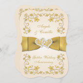 50th Anniversary Joined Hearts, Ecru, Gold Invitation (Front/Back)